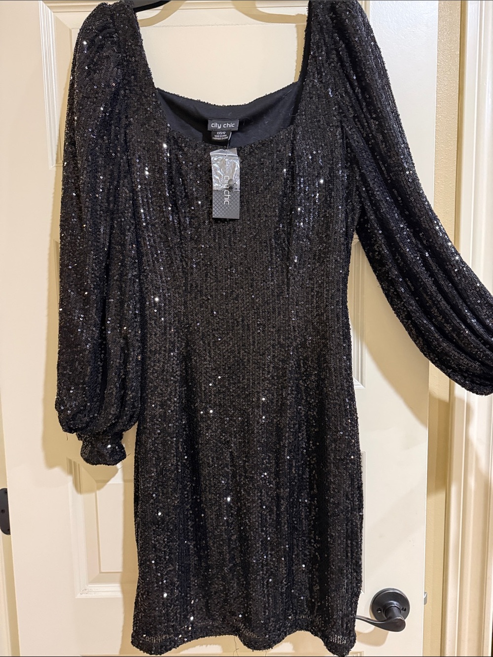 City Chic Black Sequin Puff-Sleeve Mini Dress